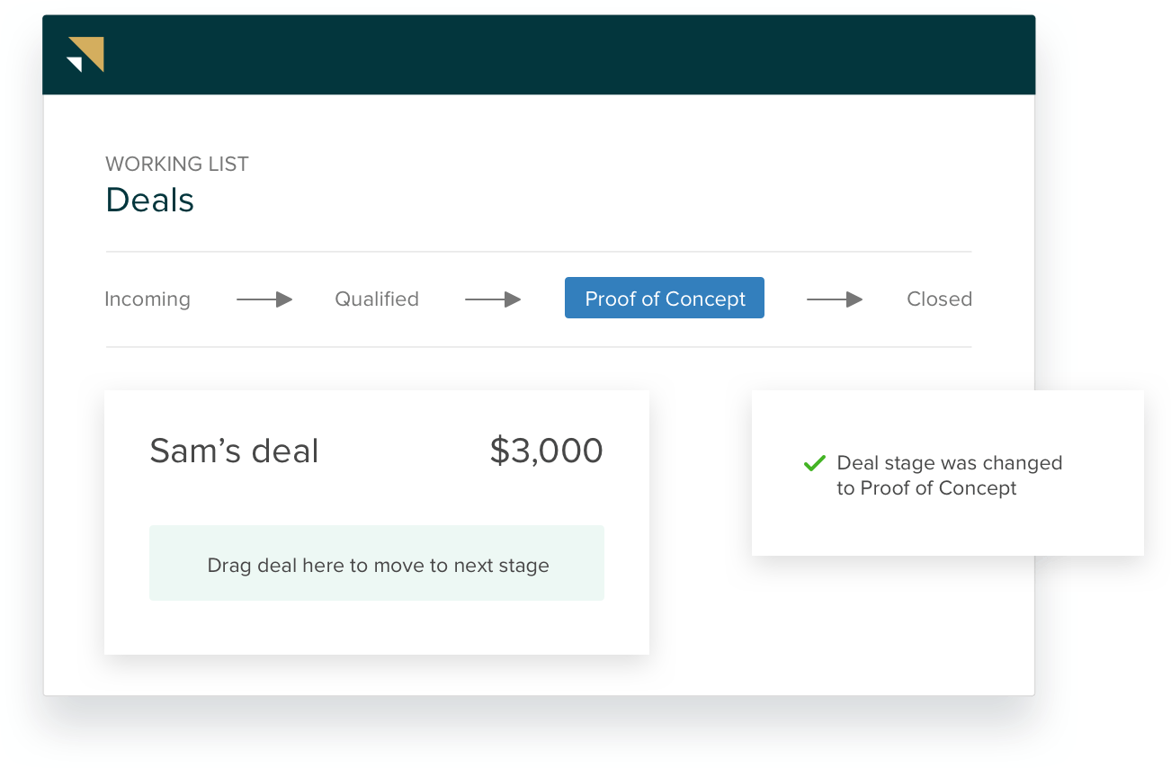 Zendesk Sell working list showing deal stages and details.