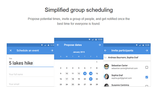 Doodle event scheduling interface showing date proposals and participant invitations.