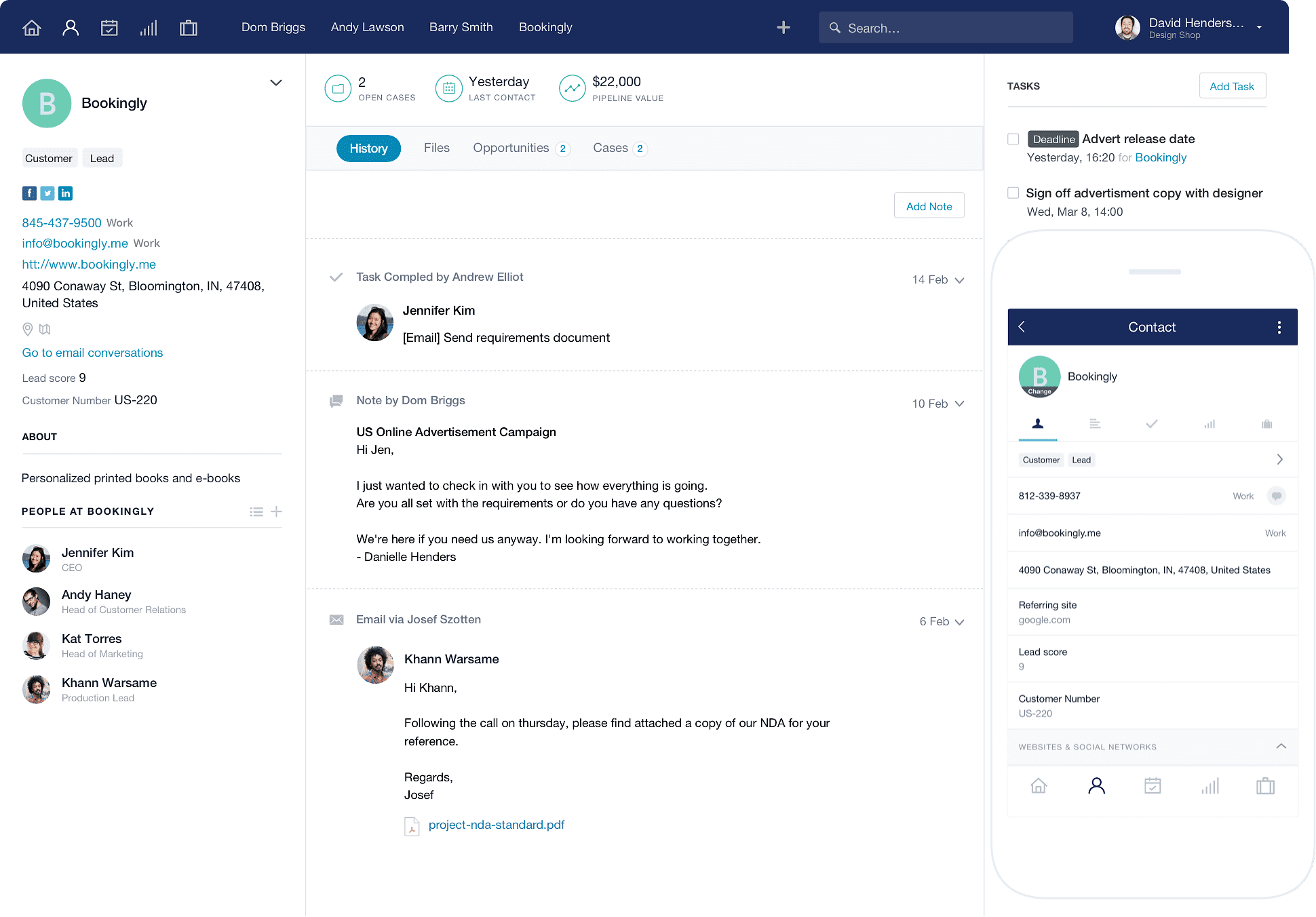 Bookingly interface showing client communication and project details.