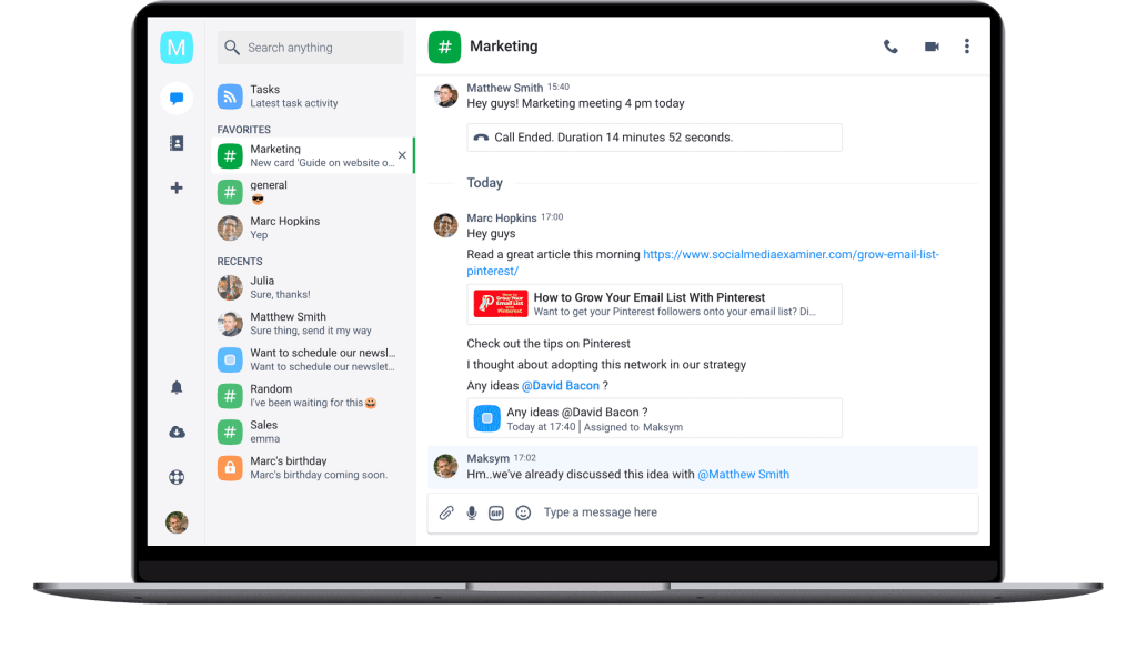 Chanty chat interface displaying marketing conversation and task list.