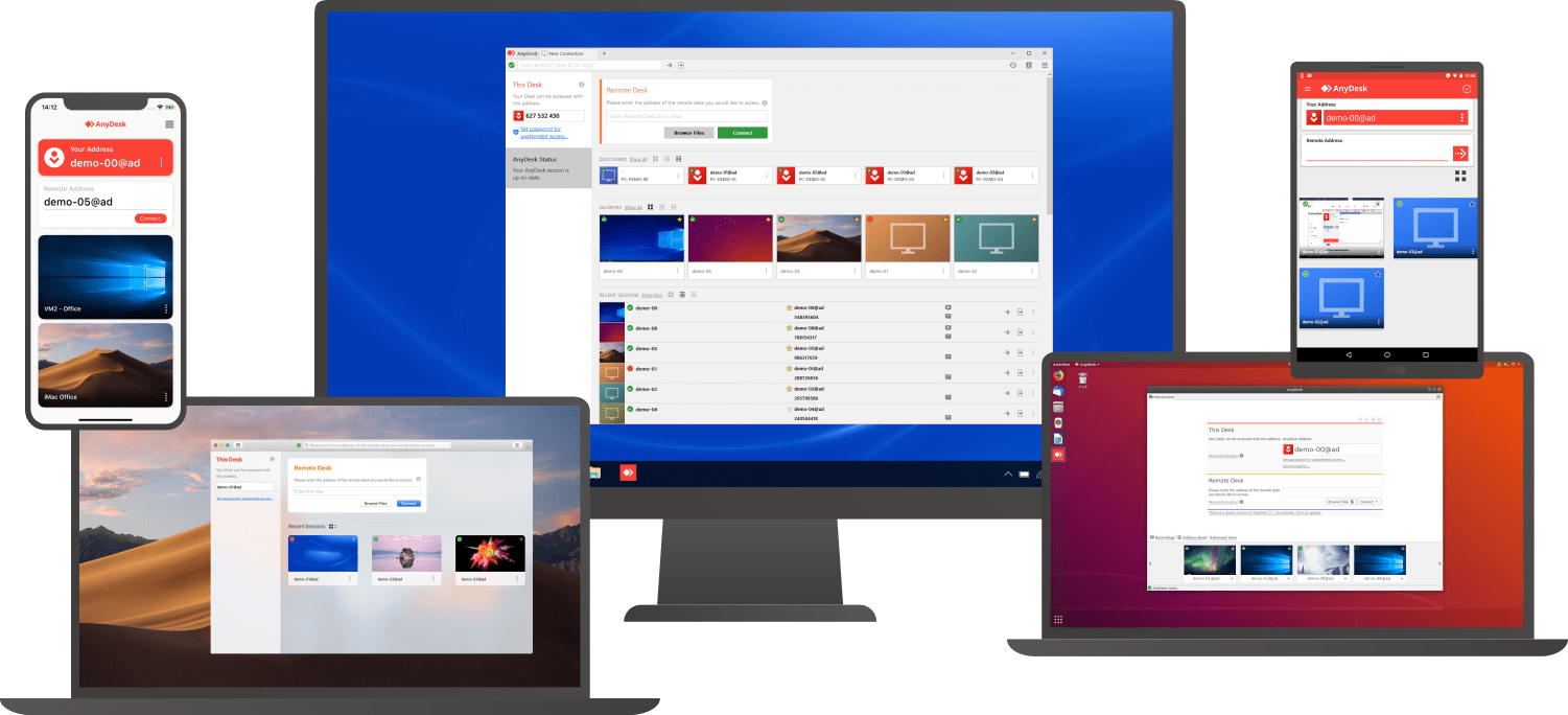 Cross-platform remote access software interface displaying multiple devices.