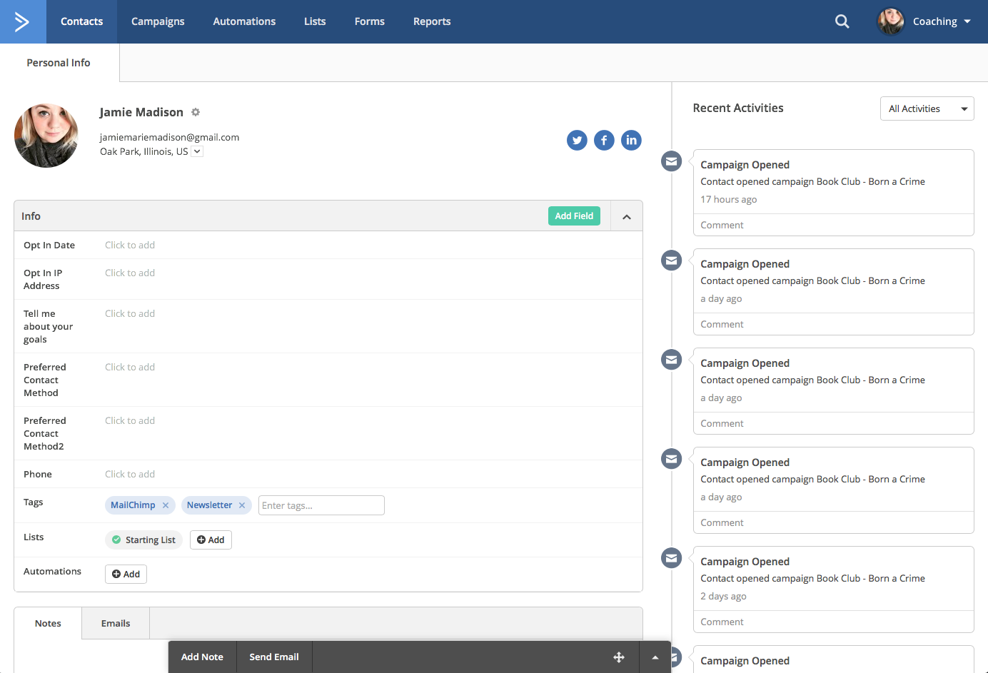 ActiveCampaign contact management showing individual contact profile and activity history.