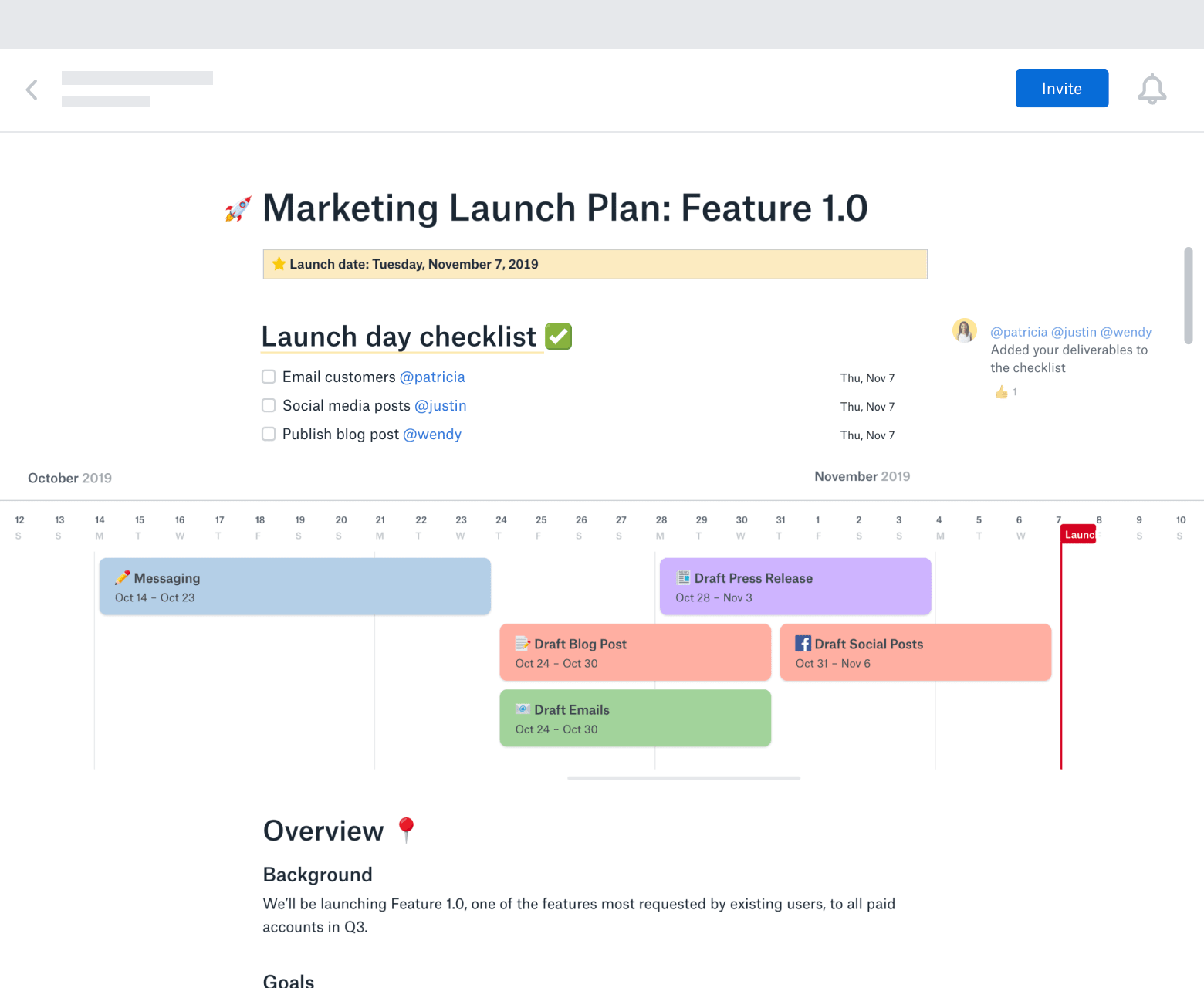 Notion timeline showing a marketing launch plan with a checklist and tasks for various dates.