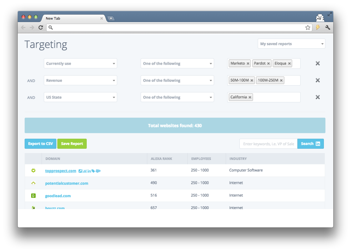 Datanyze targeting interface showing website search results and filters.