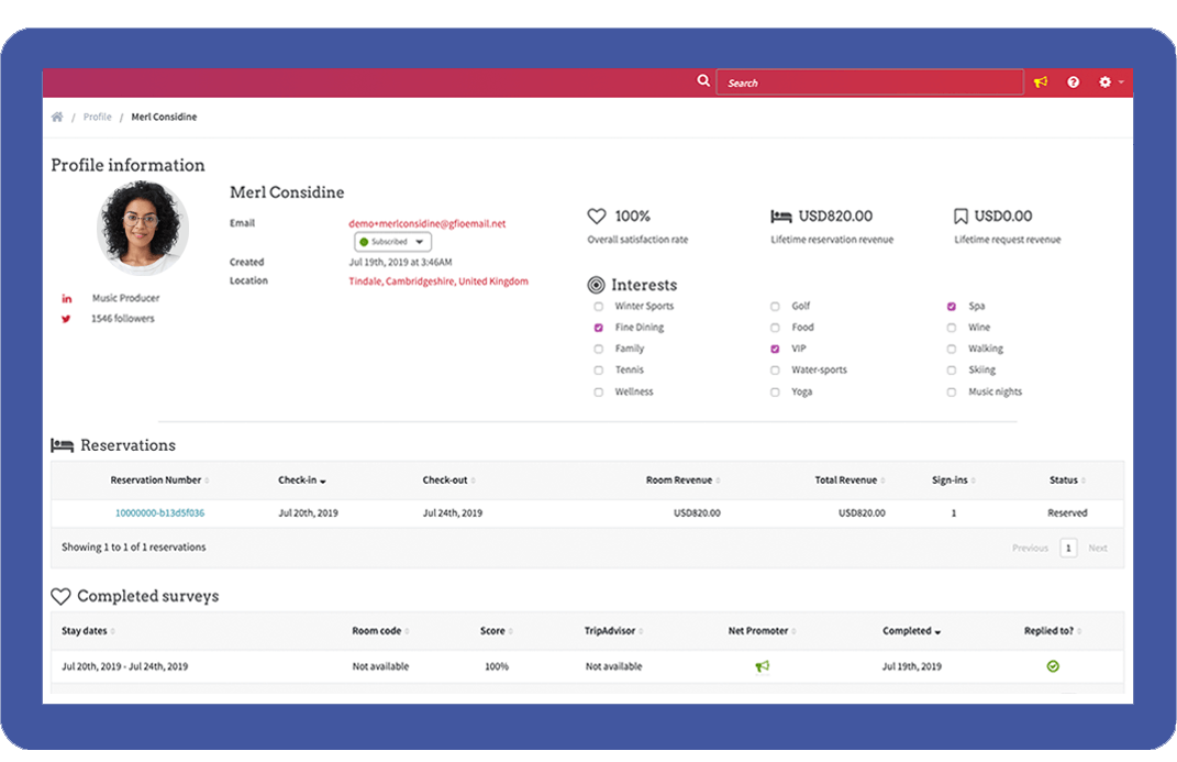 eInsight CRM user profile showing reservations and interests.