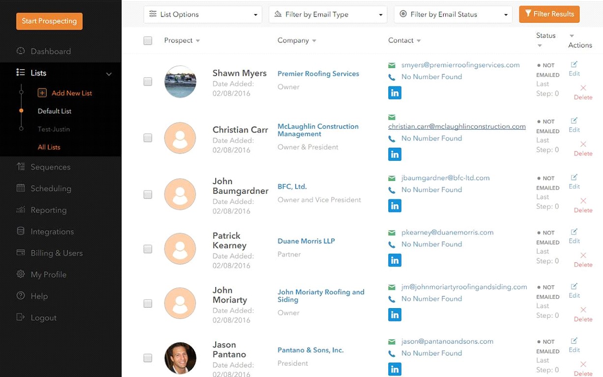 LeadFuze lead prospecting interface showing a list of potential contacts.
