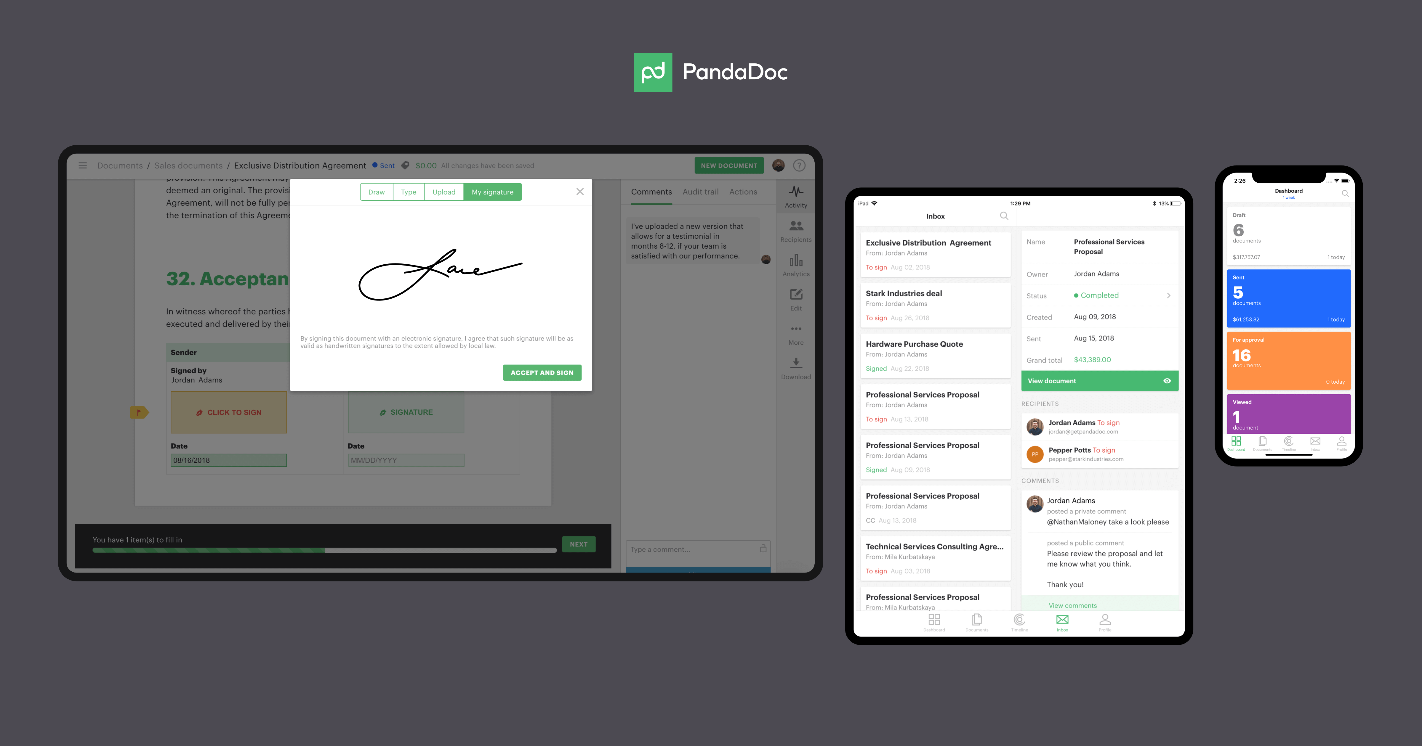 PandaDoc interface displaying a document signing feature across multiple devices.