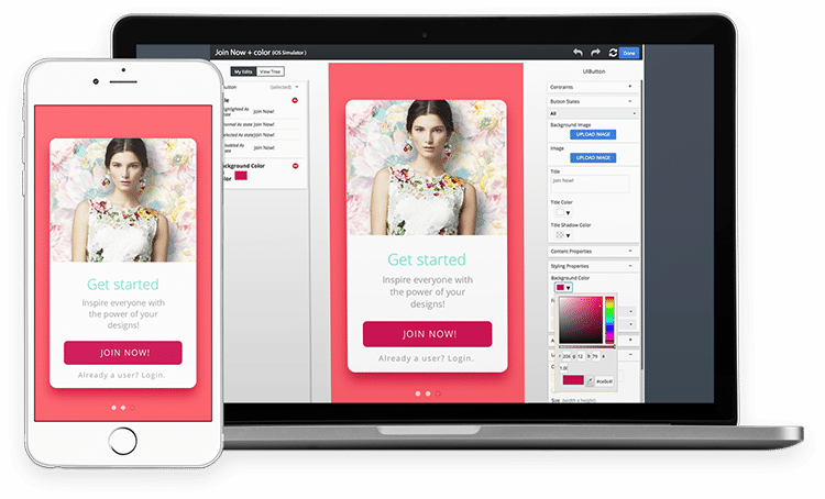 Apptimize visual editor displaying a mobile app A/B testing interface.