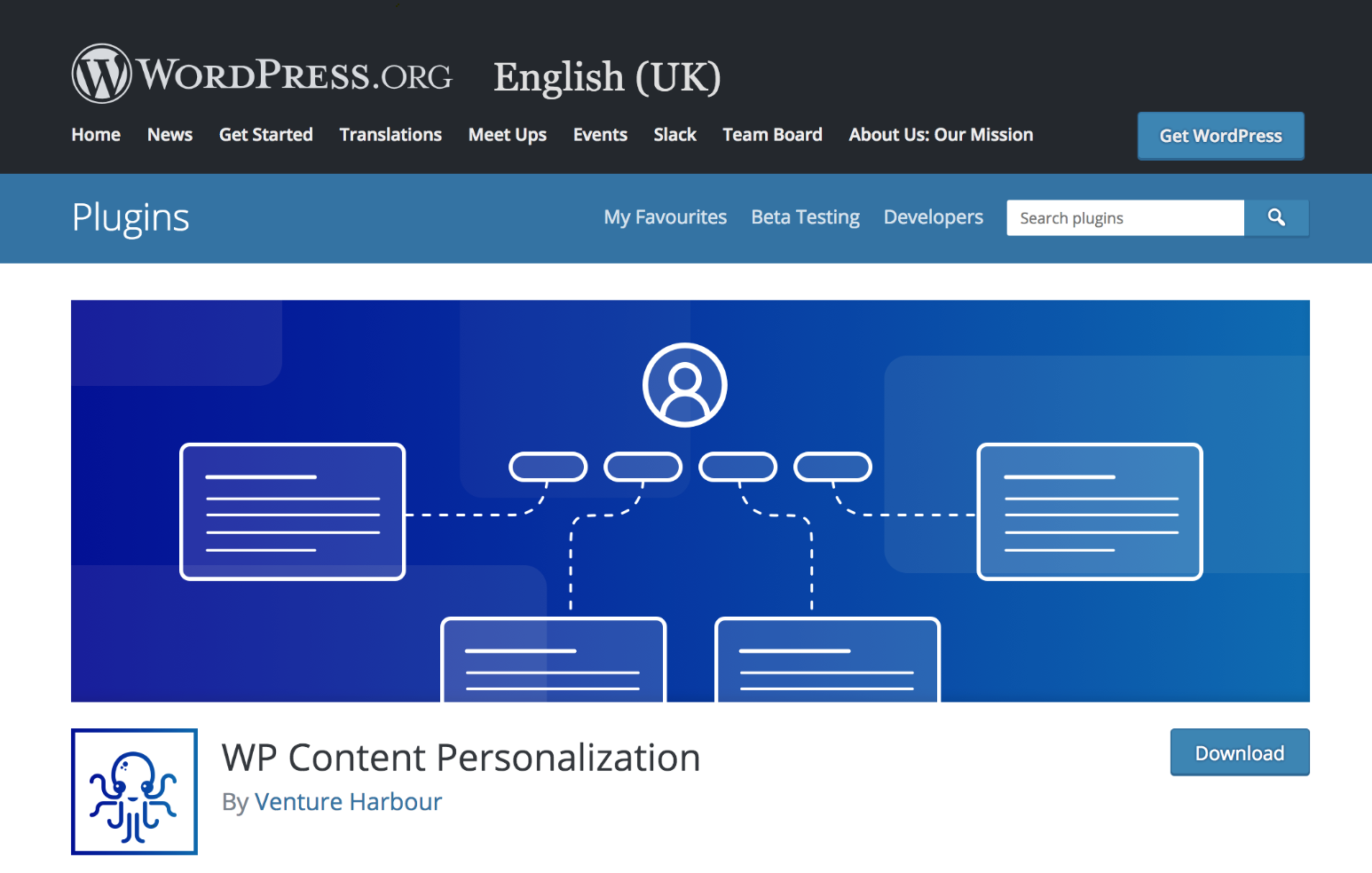 WP Content Personalization showing plugin details and features.