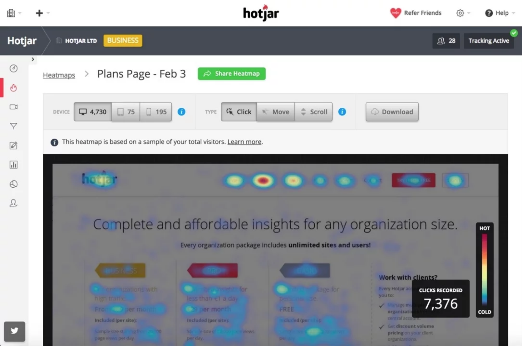 Hotjar heatmap showing user interactions on the plans page.