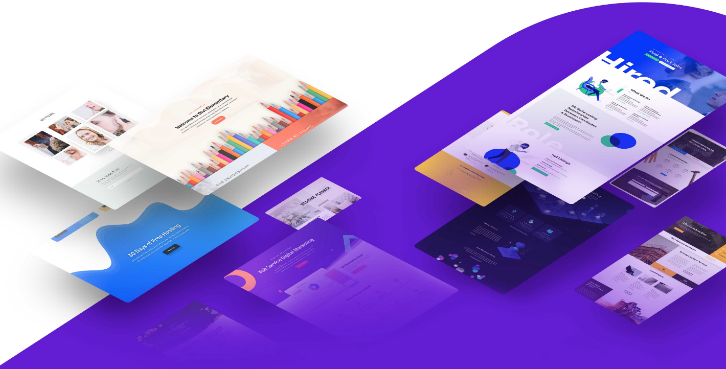 Divi themes showcasing various website designs and layouts.