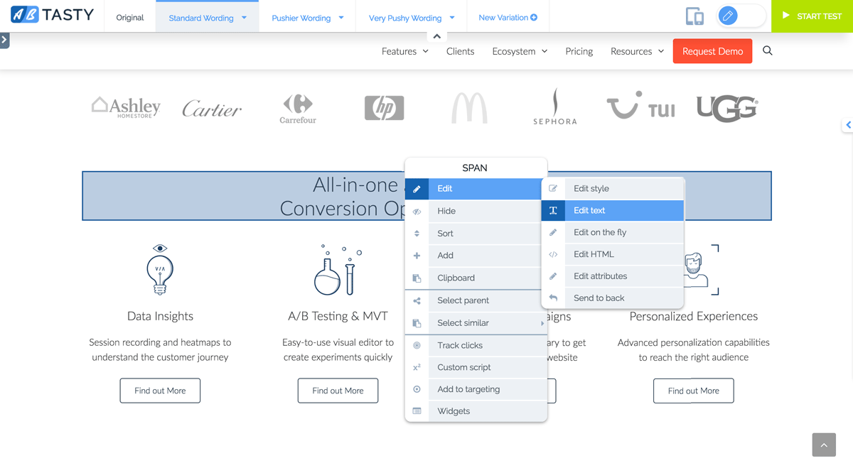 AB Tasty interface displaying the A/B testing options menu.