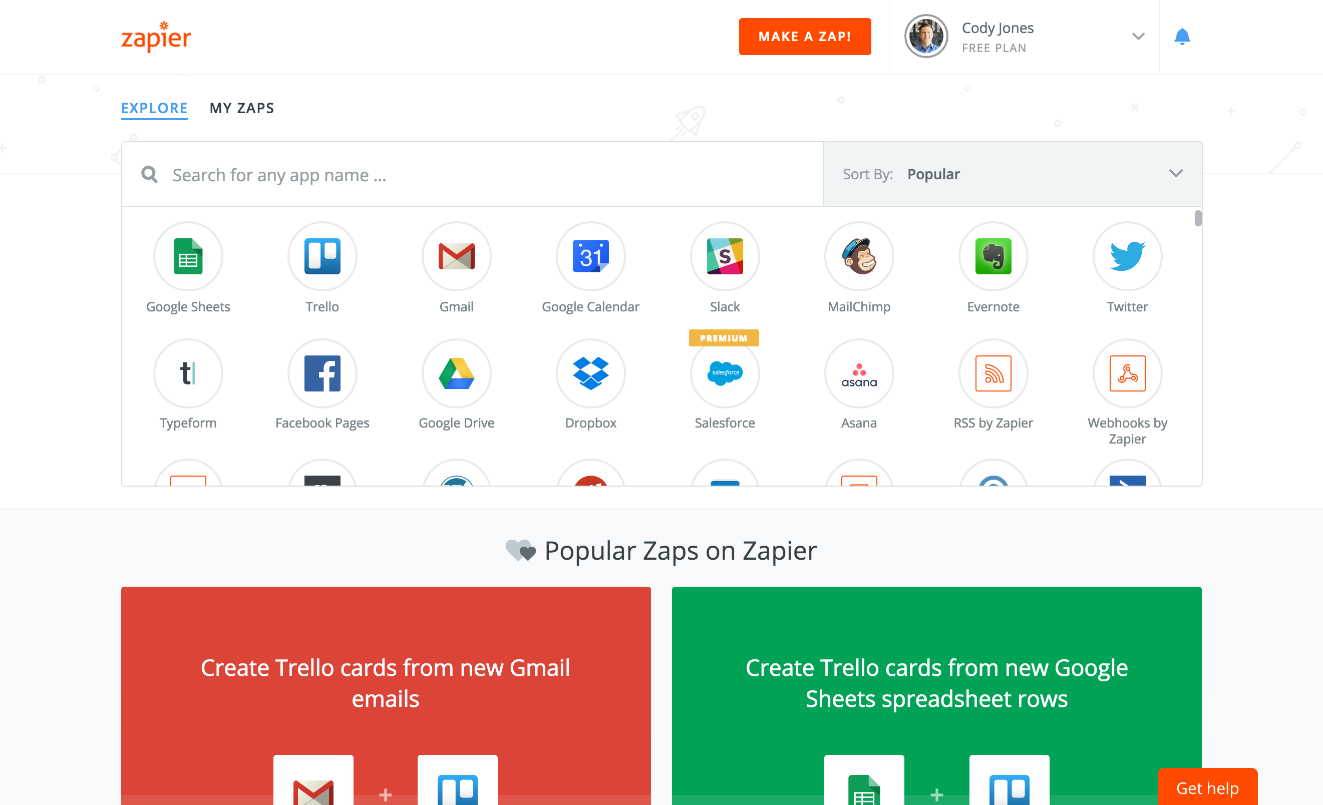 Zapier dashboard showing app integration options and popular automation workflows.