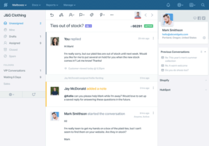 Helpscout conversation interface displaying customer inquiries and responses.