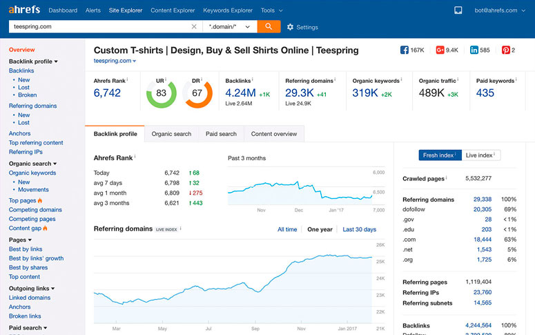 Ahrefs overview showing backlink metrics and site performance.