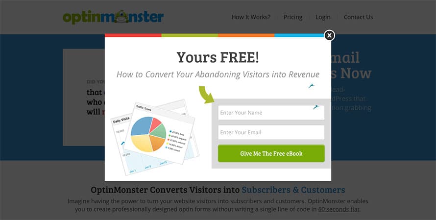 OptinMonster showing a popup for email subscription.