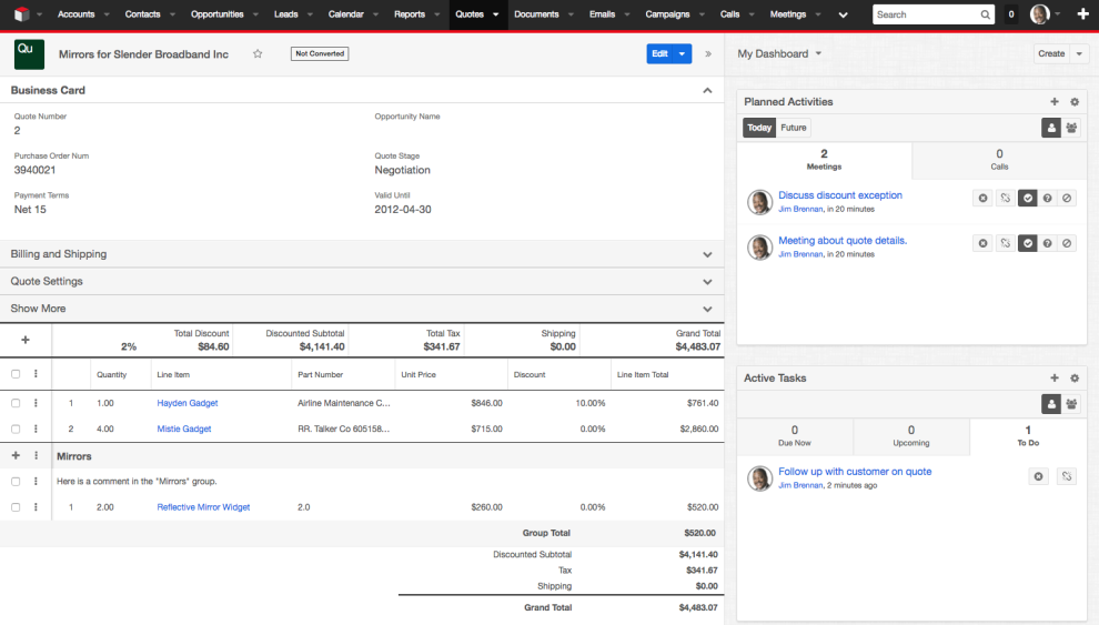 SugarCRM dashboard showing opportunity details and quote information.