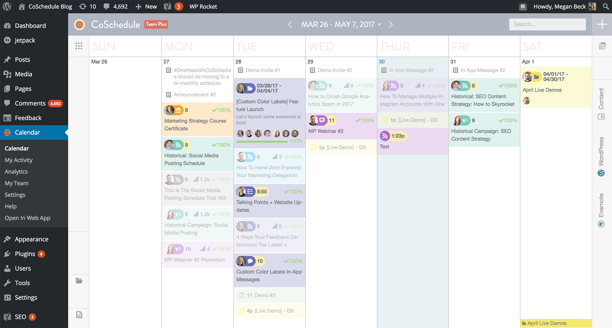 CoSchedule calendar showing scheduled posts for the week.