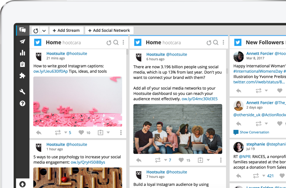 Hootsuite dashboard displaying social media activity and interactions.