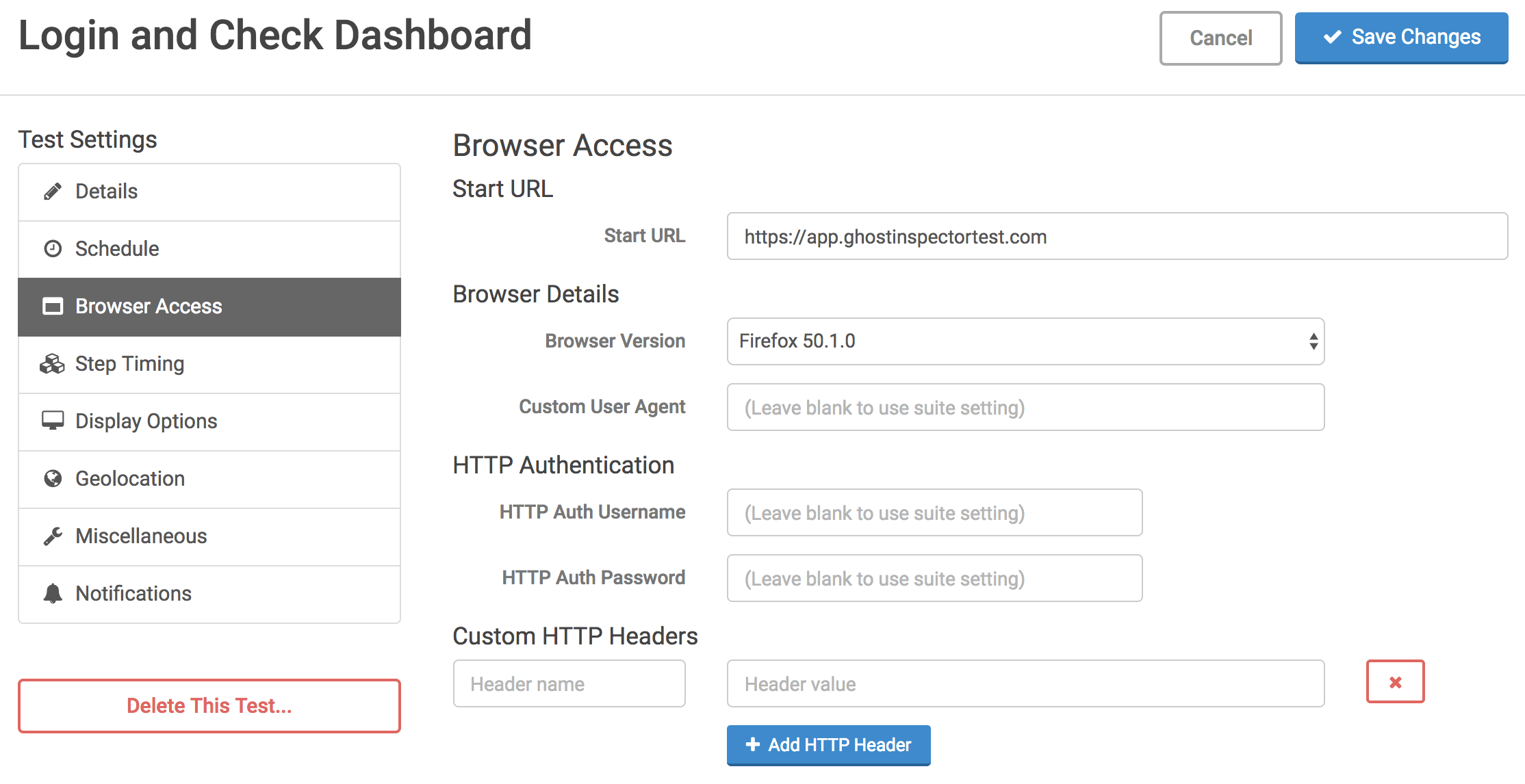 Ghost Inspector test settings browser access interface showing URL and browser details.