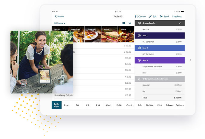 TouchBistro interface showing shared order and menu items.