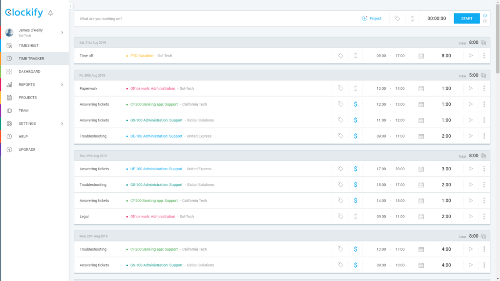 Clockify time tracker showing logged hours and projects.