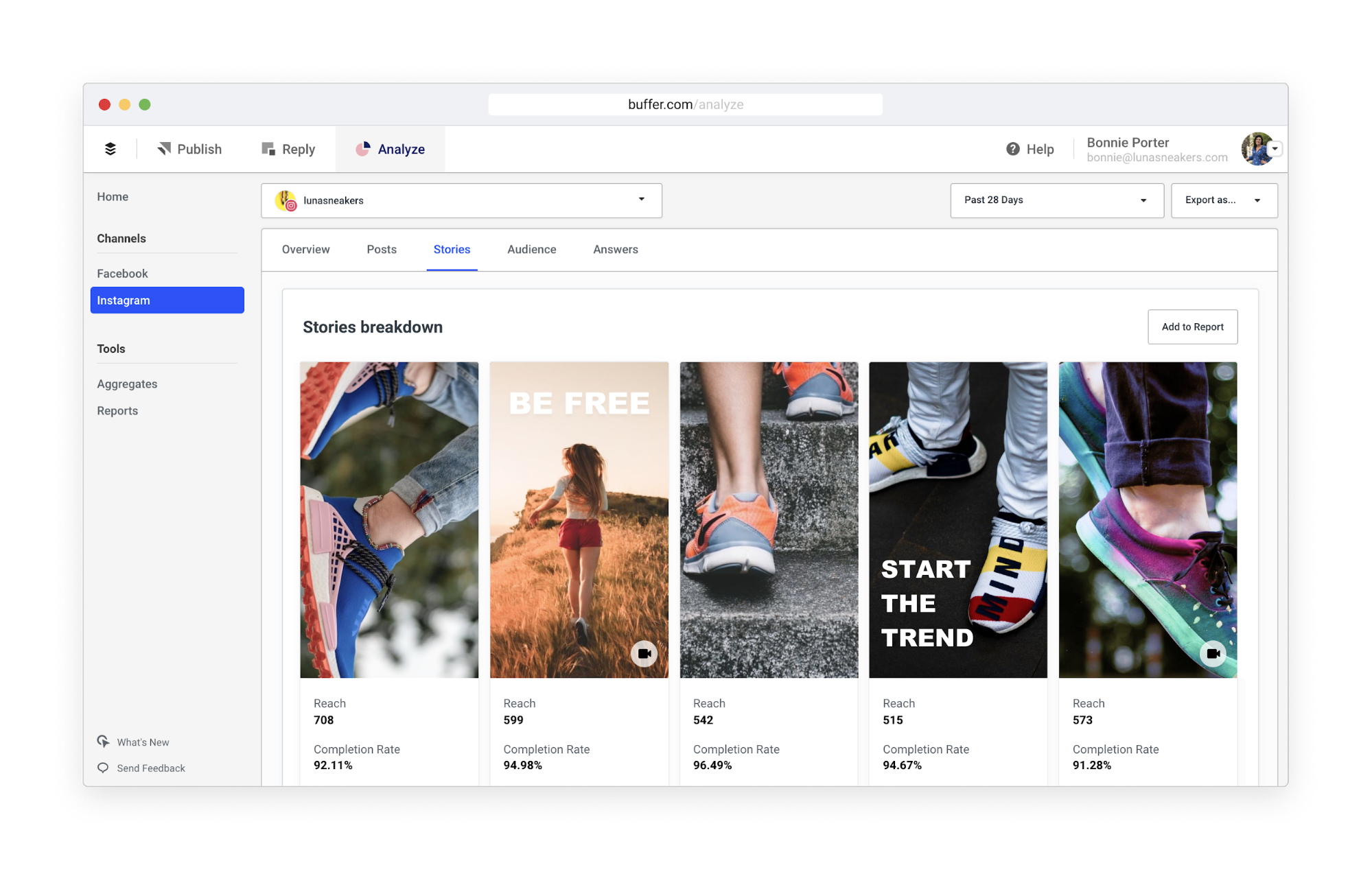 Buffer's Instagram Stories breakdown showing engagement metrics and completion rates.