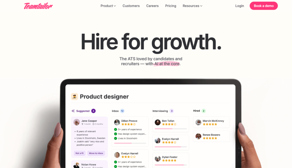 Teamtailor candidate management interface showing suggested candidates and their ratings.