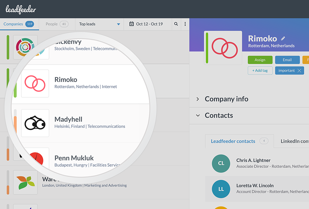 Leadfeeder interface showing company visitor details and contact information.