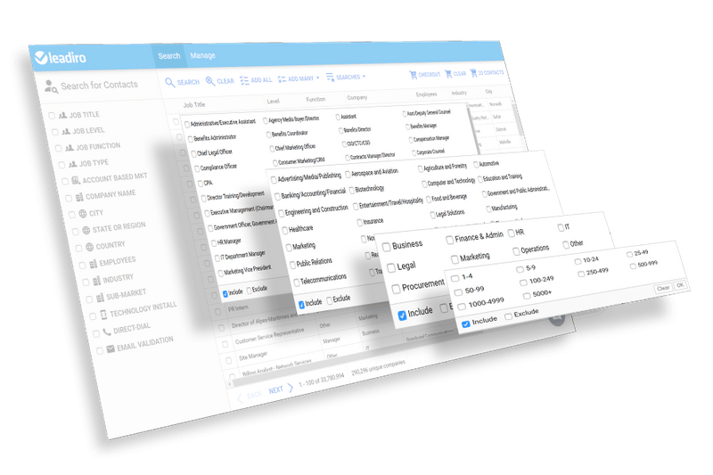 Leadiro contact search interface showing filtering options for various functions and industries.