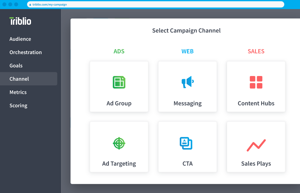 Triblio campaign channel selection interface showing options for ads, web, and sales.