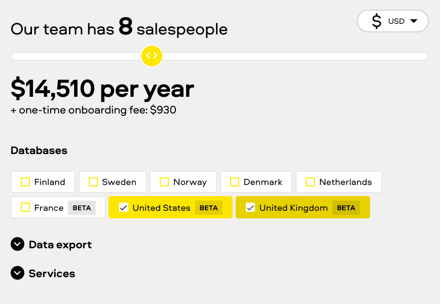 Pricing and database options with highlighted beta indicators for specific countries.