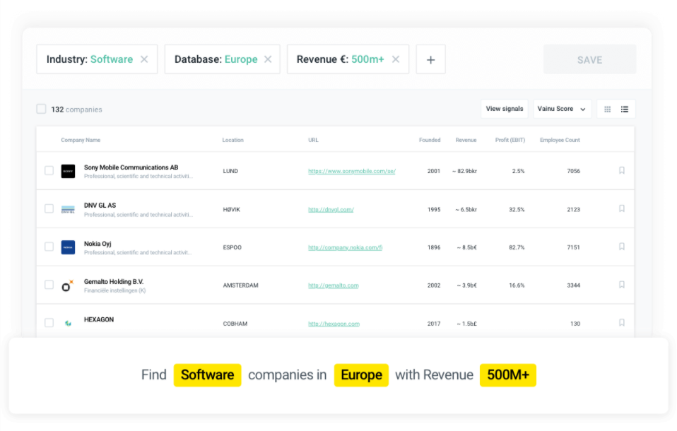 Vainu database showing software companies in Europe with revenue over 500 million euros.