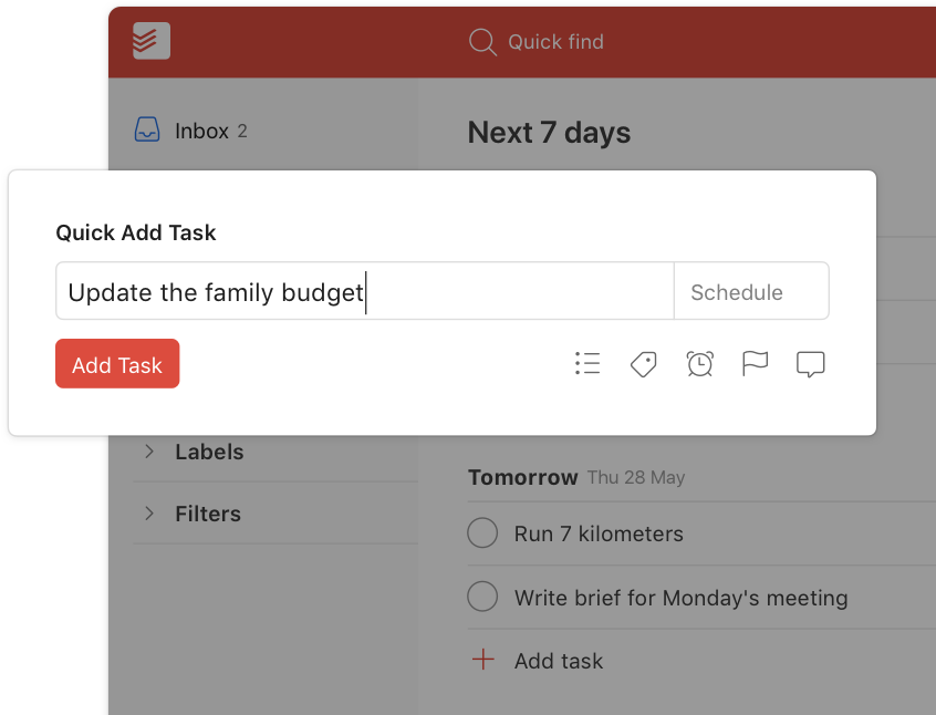 Todoist task management interface showing the quick add feature.