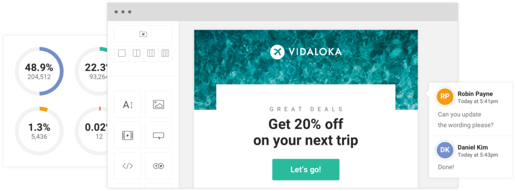 Mailjet email marketing interface displaying promotional campaign elements.