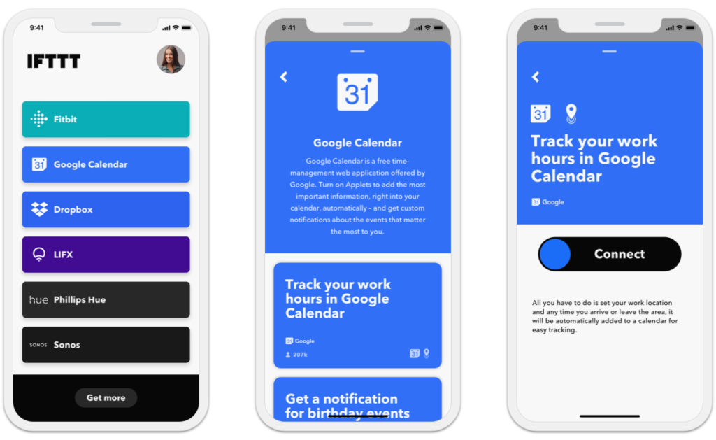 IFTTT app showing integrations with Google Calendar and task automation features.
