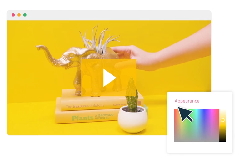 Wistia player interface displaying a gold elephant figurine and color customization options.