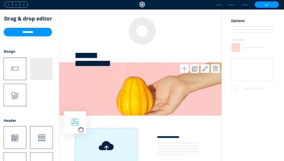 Brevo drag-and-drop editor showing email template design options.