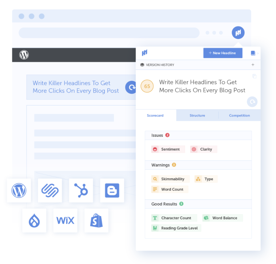 CoSchedule Headline Analyzer showing analysis scores and suggestions.