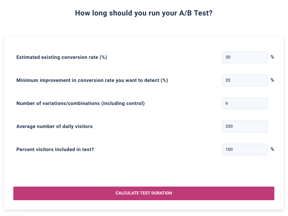 VWO A/B Split & Multivariate Test Duration Calculator interface showing input fields for test parameters.
