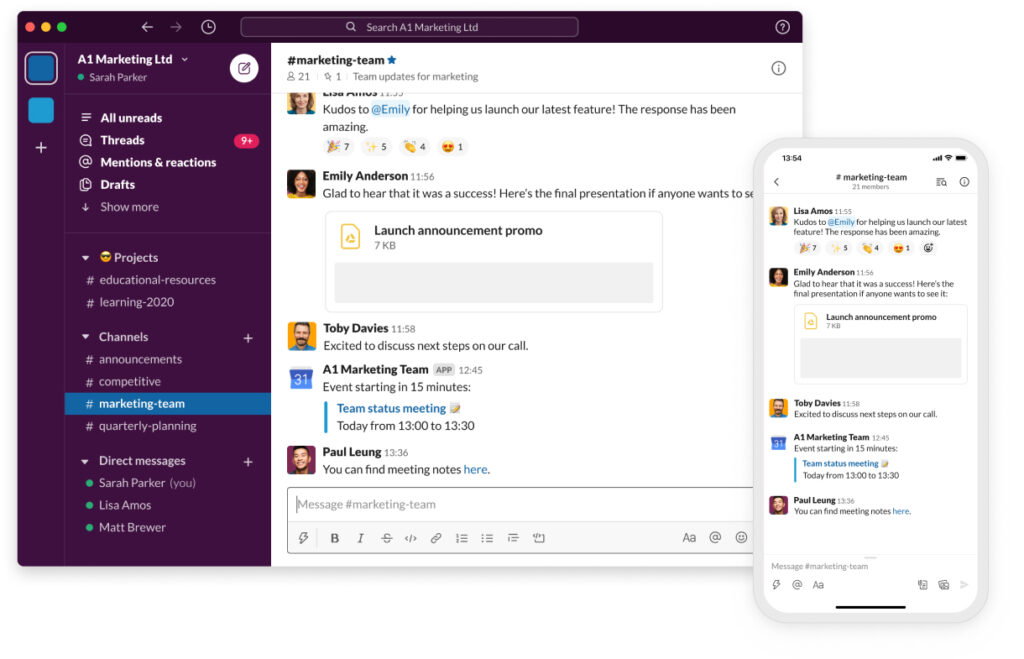 Slack interface showing organized team communication and messaging.