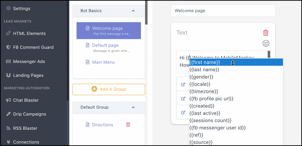MobileMonkey welcome page showing chatbot customization options.