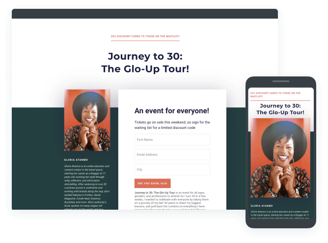 ConvertKit landing page with event details and sign-up form.