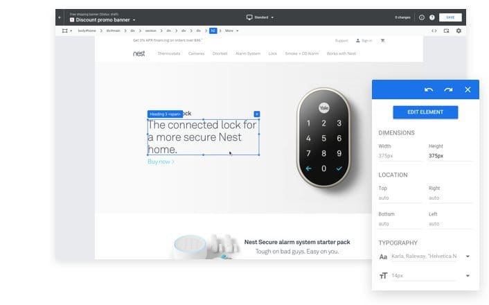 Google Optimize A/B testing interface highlighting an editable element.