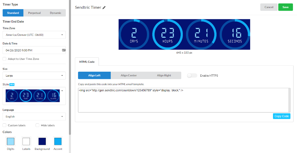 Sendtric countdown timer configuration showing time settings and HTML code.