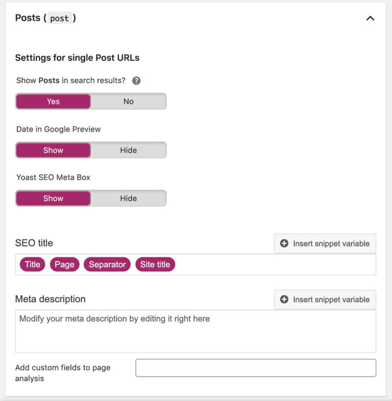 Yoast SEO search appearance title template showing optimization settings.