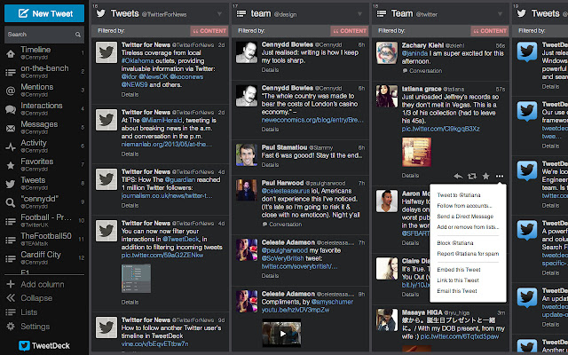 TweetDeck interface displaying multiple Twitter accounts and timeline feeds.