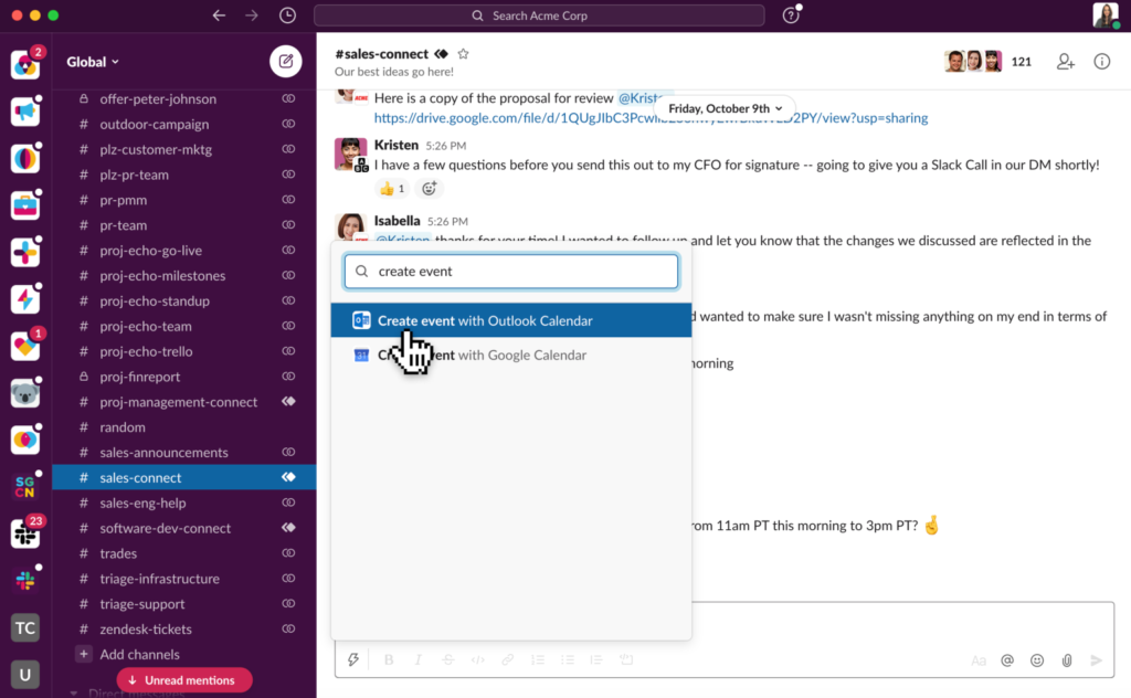Slack interface showing event creation with calendar integration.
