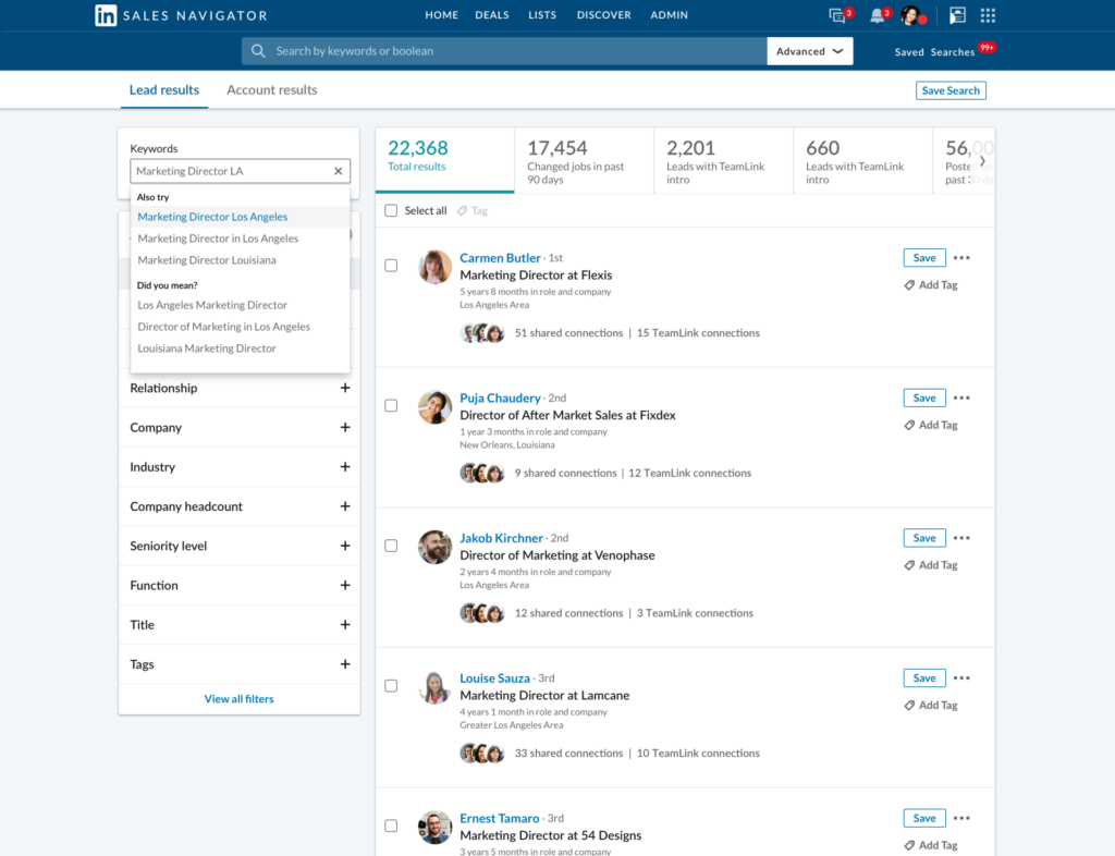 Sales Navigator search results displaying potential leads for Marketing Director.