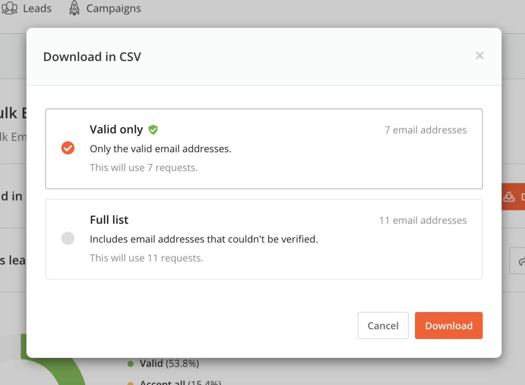 Bulk Email Finder showing options for downloading valid and full email lists.